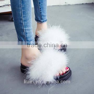 2017 sweet candy color summer women real natural feather turkey fur fuzzy slippers slides mules women open shoes Fslipper-6