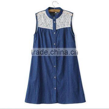 EY0587A 2015 New Desgin Women Collar Sleeveless Lace Stitching Cowboy Dress photo-2
