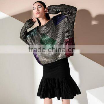 M1134 Runwaylover 2016 Latest Design Fashion Ladies Geometric Pattern Golden Gilding Loose Knitted Loose Sweater photo-4