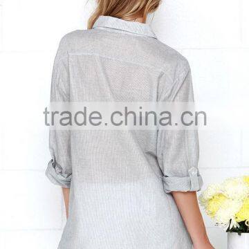 Loose Short Sleeve With Pocket Striped Design Lady Blouse photo-5