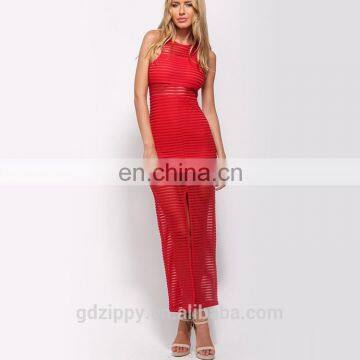 Sleeveless Mesh Stripe Detial Red Net Designer Boutique Dresses photo-3