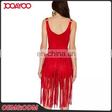 2016 V-neckline Adjustable Shoulder Straps Red Fringes Romper Sleeveless Bodycon Ladies Jumpsuit