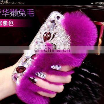 Luxury Winter Soft Warm Faux Rabbit Fur Fuzzy Plush with Crystal Cute Bowknot Protective Back Cover for Girls Xmas Gift