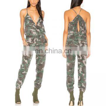 2017 Fashion Sexy Lady Spaghetti Strap Denim Jumpsuit Army Military Camo Clothing
