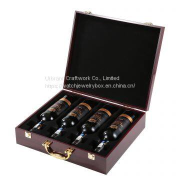 Wholesale luxury matte lacquer wooden veneer wine gift boxes red wine packaging suitcase with handle