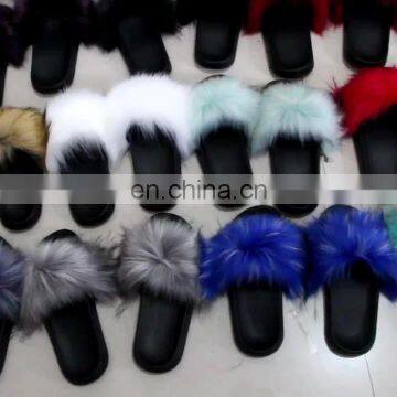 Wholesale 2020 new colourful real fox fur rainbow slides fashion women fur slippers women slide sandal