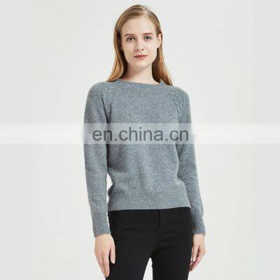 Women Crew Neck Gray Cashmere Wool Loose Raglan Sleeves Sweater