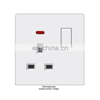 New design electrical wall switch socket panel white flame retardant PC panel 1 linkage switch 13A flat socket with light