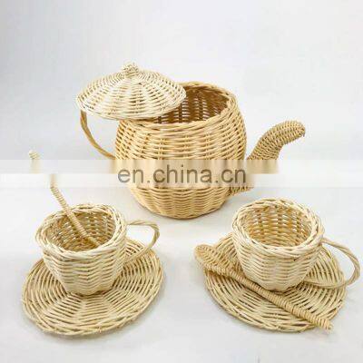 Hot Sale white natural rattan tea set pretend boho toy Kid Doll Toy Tea Cups & Sets Vietnam Manufacturer