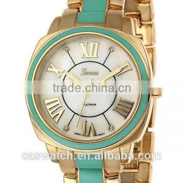 2016 hotsale geneva fashion watches, Gold-green two-toned lady watch, elegant classic roman numerals watches