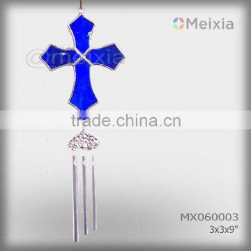 MX060003 wholesale wind bell with tiffany style stained glass cross decoration and metal wind bell pipe