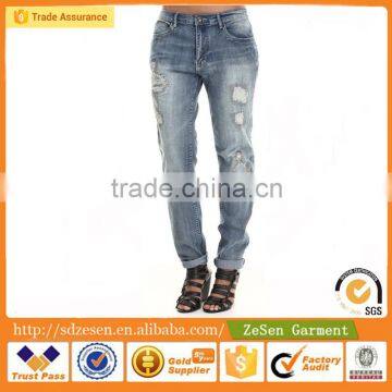 OEM Rips Tears Boyfriend Jean Cuff Ankles Pant Wholesale Biker Apparel For Women