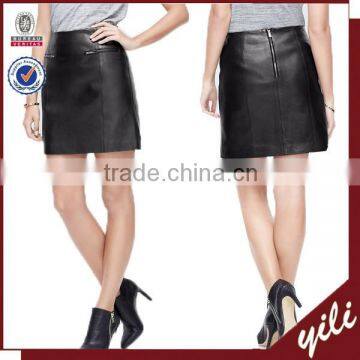 2015 back metal zip mini mature woman leather skirt