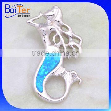 Rhodium Plated Mermaid Jewelry 925 Sterling Silver Synthetic Blue Opal Mermaid Pendant                        
                                                Quality Choice