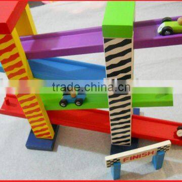 wooden racetrack and sliding racing car toy set