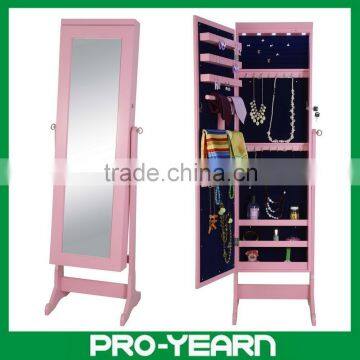 Floor Standing Wooden Mirrored Jewelry Cabinet with Extended Thicken Top and LED Lights and Modern Furniture Classic Designs