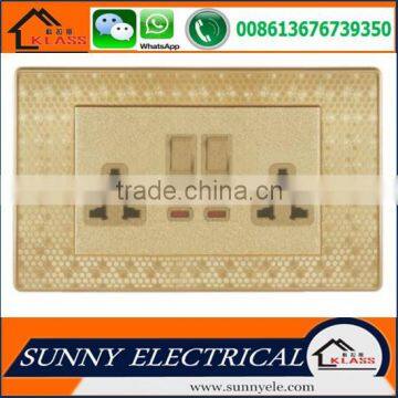 KB6 best sale Painting Golden good quality electric popular wall double switched socket with neon with CE certification