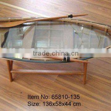 WOODEN NAUTICAL TABLE IN BOAT SHAPE WITH GLASS