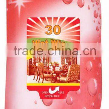 Top quality 30pc/pack household furniture cleaning wet wipes, CE certification, China factory