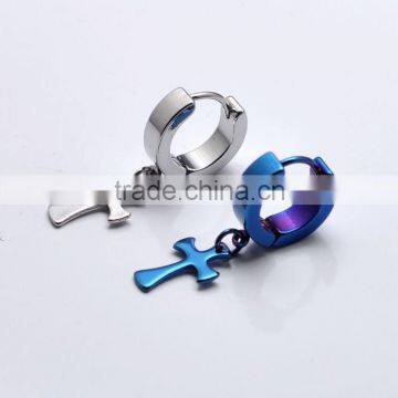 Cool Korean style stainless steel hanging cross earrings for men