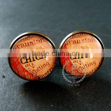 20mm vintage style antiqued bronze Chicago old map art collage glass cabochon round cufflinks fashion wedding cuff links 6600039