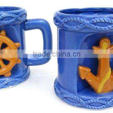 Mug Set, Includes Ship Wheel and Anchor Design, Blue Ceramic Coffee Mug Set photo-2