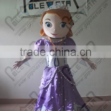 Purple dress girl cartoon mascot costume