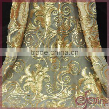 Gold metallic embroidery mesh fabric, elegany floral embroidered sequin fabric