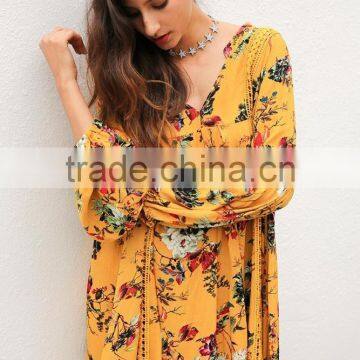 2017 Hot Sell Vintage Flower Print Lace Summer Boho Dress Women Long Lantern Sleeve Loose Short Dress Women photo-3