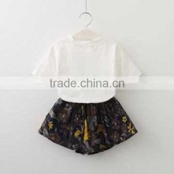 2017 Wholesale Girls Summer Apparel White t Shirt With Cat Print +mini Floral Dress Lothing Set photo-2
