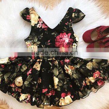 Toddler girls fall autumn black burgundy floral vintage boho short ruffle dress