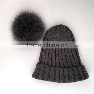 Myfur Dark Grey Knitting Hat for Adults With Real Fox Fur Pompom