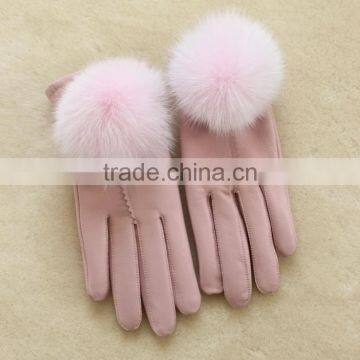 Women's autumn and winter thermal Baby Pink leather Fox fur Pompom gloves