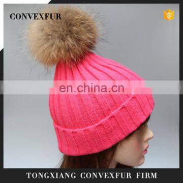 Popular knitted pattern 100% acrylic women striped hats large fur bobble hats fur ball pompon hats