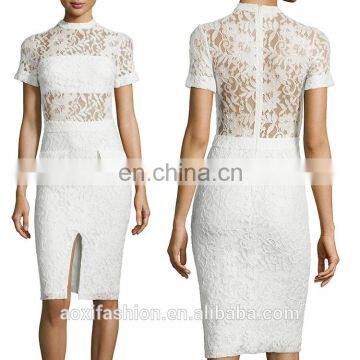 Gaungzhou new designs spring short sleeve open fork fashion lace evening dress