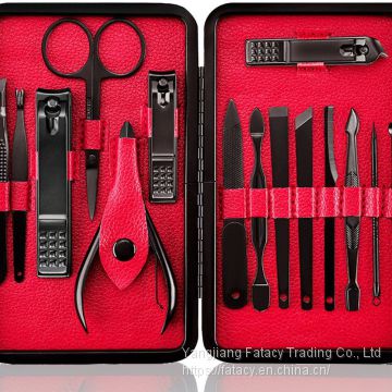 15pcs Black Coated Personal Care Set In Leather Case Manicure Set