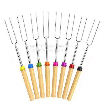 Professional Telescopic BBQ Fork Marshmallow Roasting Sticks Barbecue Forks with Wooden handle