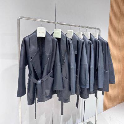 Suit collar belt loose sheepskin windbreaker spring and autumn genuine leather leather jacket for women wide version mid-length jacket
