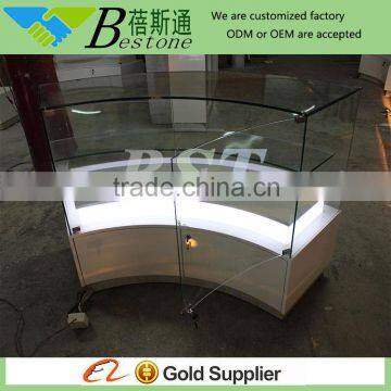 Store interior design wooden cosmetic showcase, MDF curved cosmetic display counter