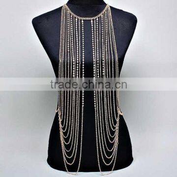 2015 New Women Gold Shine Waterfall Multilayer Tassel Body Chain Necklace