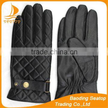 Men's black sheepskin leather gloves with belt and embroidery