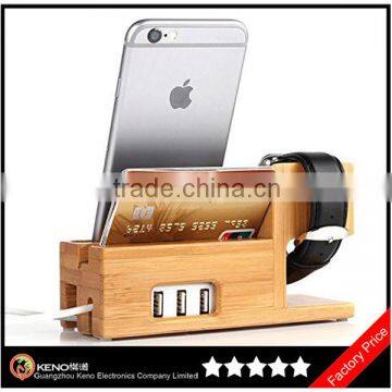 Keno Bamboo Wood Charging Stand with 3 USB Port Charging Mount Holder for Apple Watch and for iPhone 4S 5 5S 6 6 Plus