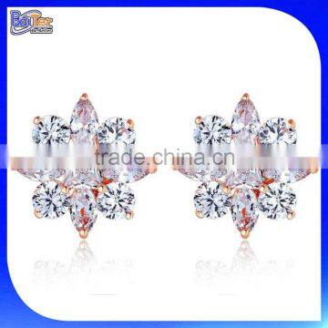 Fashion Jewelry Rose Gold Plated Crystal Zircon Women Snowflake Style Bridal Stud Earrings for Engagement with Screw Back