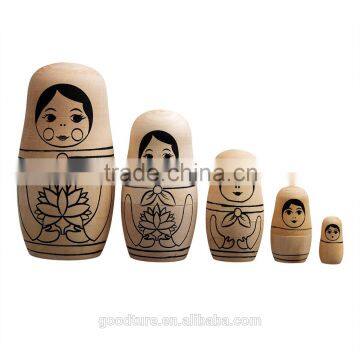 5PCS Wooden Nesting Stacking Handmade Russian Dolls Matryoshka with Black Drawing