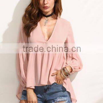 Blouses Ladies Fashion Tops Women Pink V Neck High Low Blouse