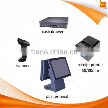 with touch screen, display, cash drawer, scanner, receipt printer,retail pos system