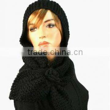 Winter Crochet Floral Hand Knit Hooded Scarf