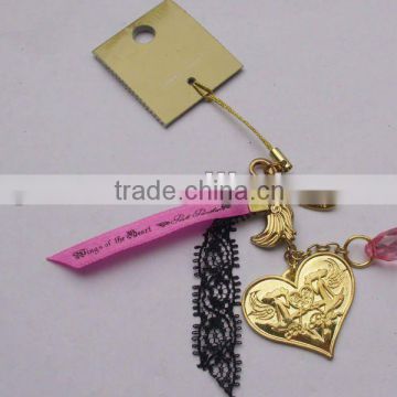 hot raised golden heart metal cell phone strap