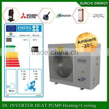 EVI tech.-25C cold winter floor heating100~350sq meter room 12kw/19kw 220V R407C split air source heat pump 11kw water pump