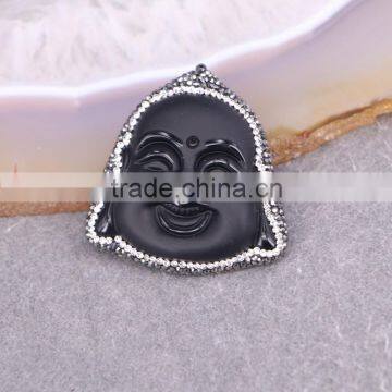Black Obsidian Pendant, With Pave Crystal Edged Carving Obsidian Buddha Face Pendant, Gem Stone Pendant For Jewelry Making photo-2